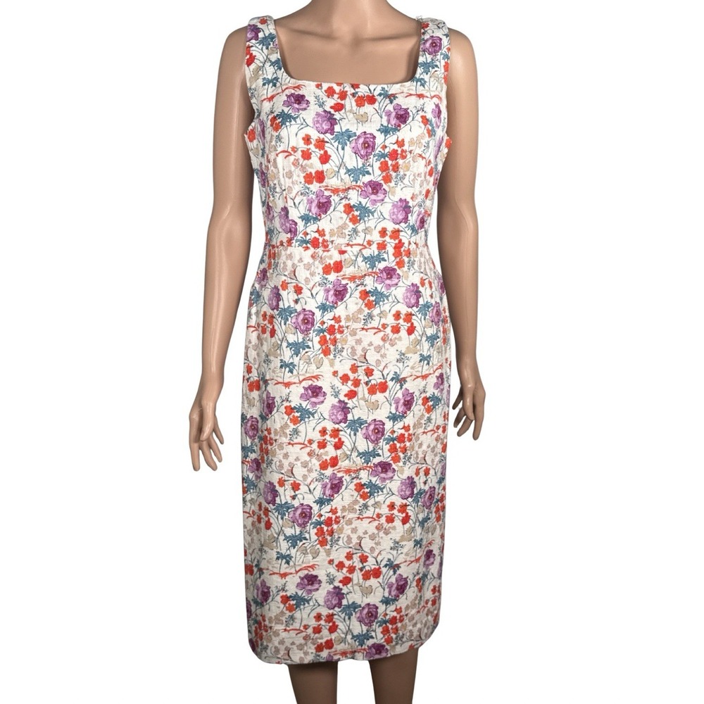 Ann Taylor Floral Sheath Dress Sz 4 Cream Cotton Sleeveless Knee Length